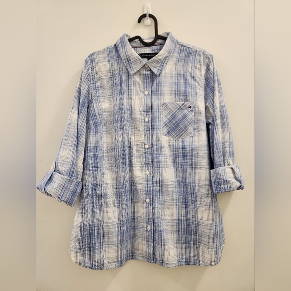 EUC Tommy Hilfiger light blue and white plaid blouse - Picture 1 of 6